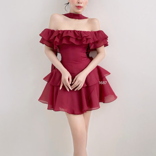 TINKER - Đầm tơ trễ vai xếp bèo xoè siêu nữ tính, nhẹ nhàng. Kèm dây tạo kiểu