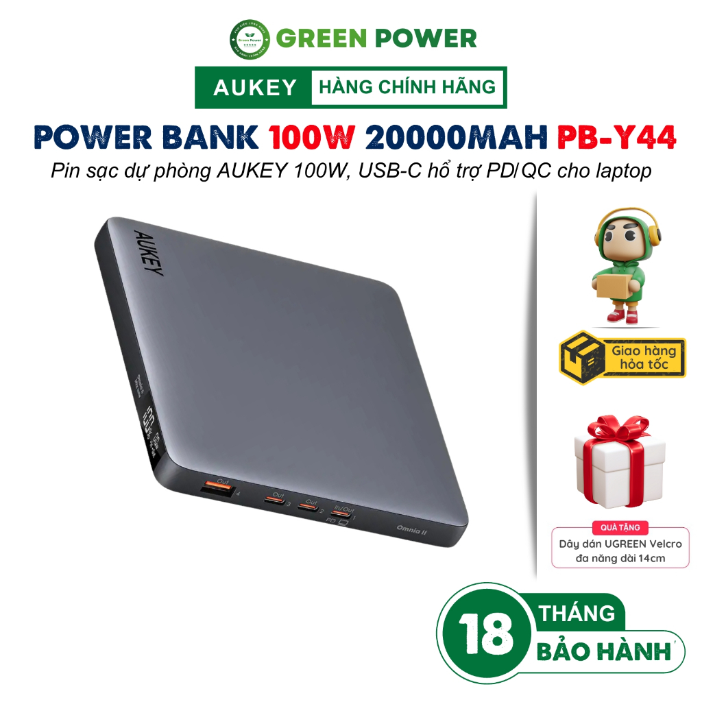 Pin Sạc dự phòng AUKEY PB-Y44 Sprint X 20000mAh 100W Hổ trợ PD/QC 3.0/PPS 45W, LED hiển thị, sạc nhỏ