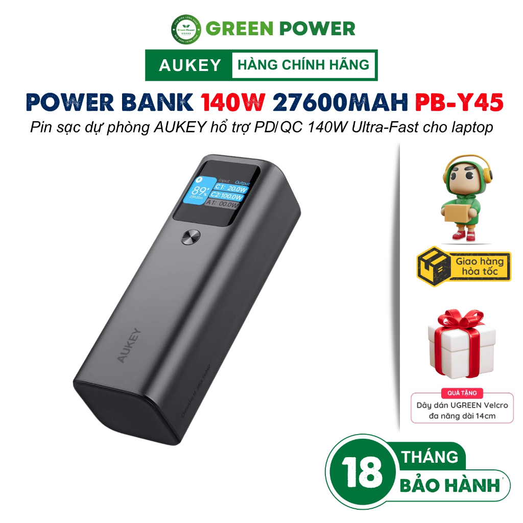 Pin Sạc dự phòng AUKEY PB-Y45 Sprint X 27600mAh 140W PD Ultra-Fast với màn hình kỹ thuật số LCD - Ch