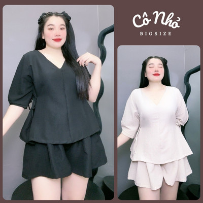 Set đồ bigsize nữ dáng áo babydoll cổ tim có dây buộc eo kèm quần đùi lưng chun vải xốp đũi gạo SET59