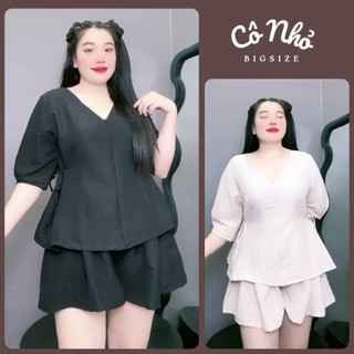Set đồ bigsize nữ dáng áo babydoll cổ tim có dây buộc eo kèm quần đùi lưng chun vải xốp đũi gạo SET59