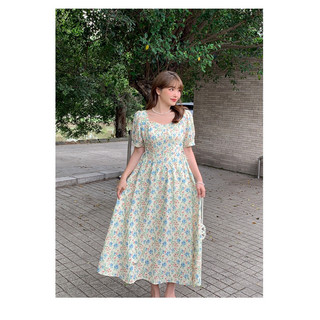 Đầm maxi vàng big size in hoa 2 eo đan dây size 80-90kg