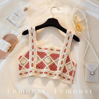 Áo hai dây len móc croptop đi biển du lịch mùa hè cho nữ lemonst