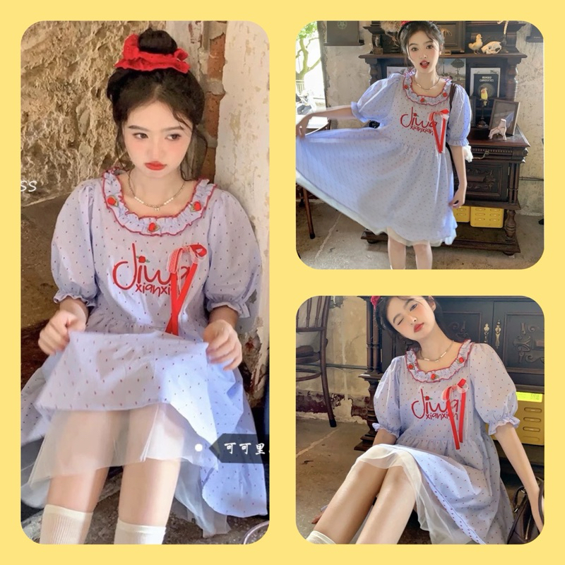 Váy Babydoll Chấm Bi Nơ Đỏ