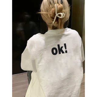Focus local brand fashion Trắng áo phông nữ form rộng OK logo in hình cổ tròn áo thun bigsize 100%cotton