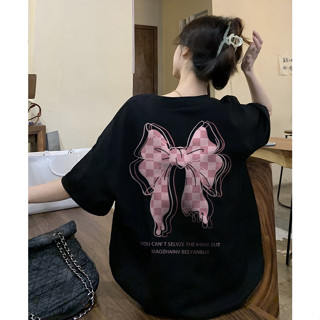 Focus local brand fashion Đen Hàn Quốc áo phông nữ form rộng nơ in hình cổ tròn áo thun oversize 100%cotton