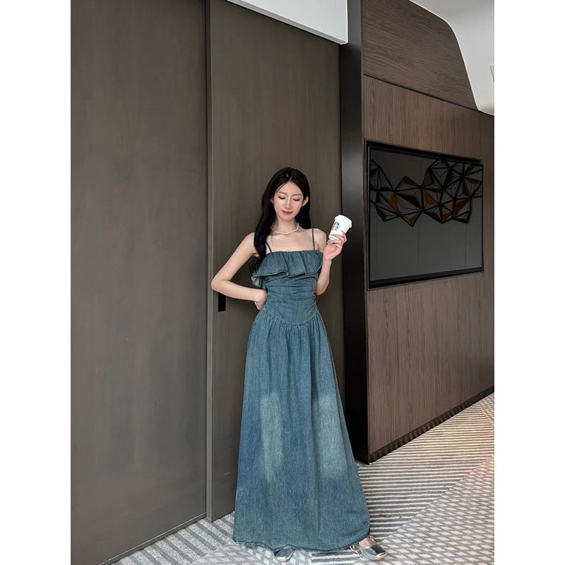 đầm jean hai dây bèo ngực dáng dài đầm midi đầm jean maxi