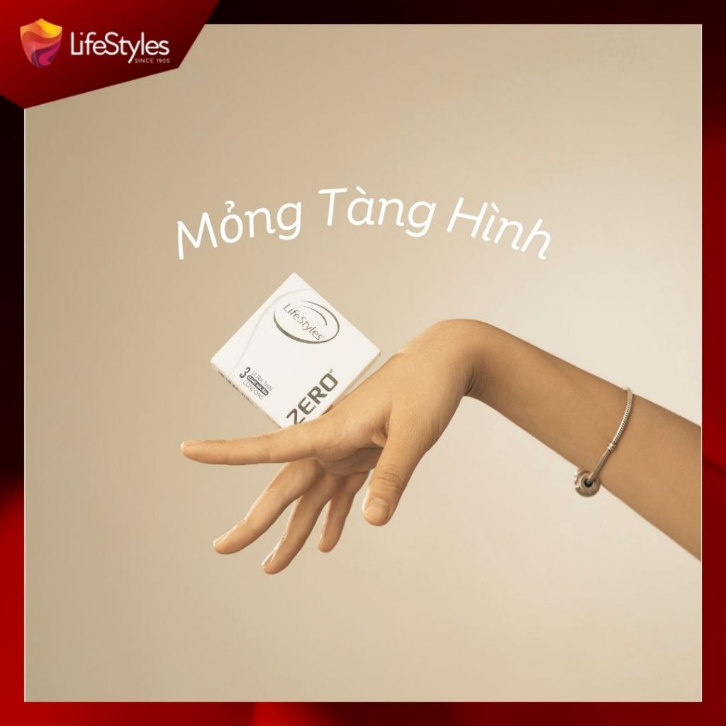 Bao cao su mỏng khít chân thật ôm sát LifeStyles Zero an toàn siêu bền chịu áp suất cao 12 bao/hộp