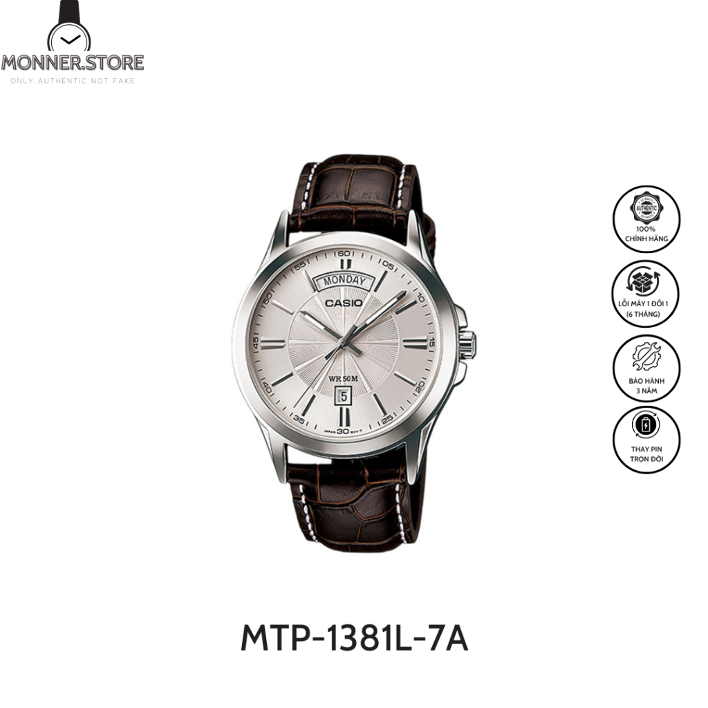 Đồng Hồ Quartz Nam Casio MONNERSTORE MTP-1381L-7A Thiết Kế Mặt Kính Khoáng 40mm, Dây Da Và Vỏ Thép K