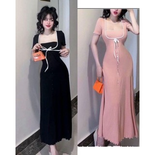 Đầm cổ vuông viền ren dáng maxi sanh chảnh
