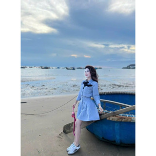 Đầm Sơ Mi Sọc Xanh Phối Dây Cột Đen