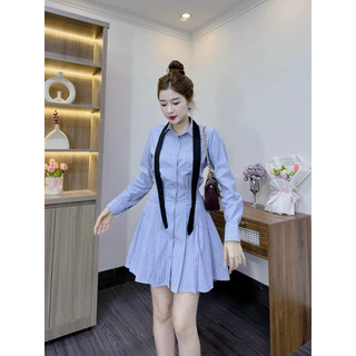 Đầm Sơ Mi Sọc Xanh Phối Dây Cột Đen