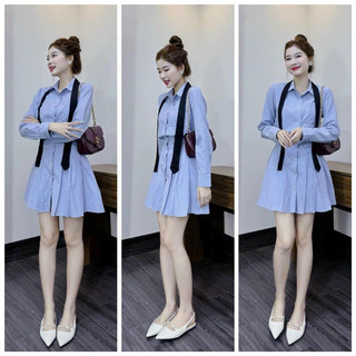 Đầm Sơ Mi Sọc Xanh Phối Dây Cột Đen