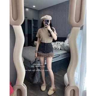 Chân váy jeans dáng chữ A, viền lông độc đáo, chất vải bò đanh dày, nặng tay
