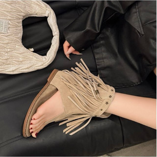 Giày sandal nữ độn đế cổ cao da lộn dáng cao bồi phong cách châu Âu mẫu mới