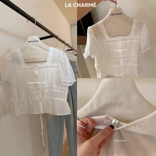 𝗟𝗔 𝗖𝗛𝗔𝗥𝗠𝗘́ | áo sơ mi cổ u viền ren peplum 60516 i miss ground