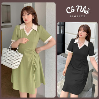 Đầm Bigsize Nữ Tay Ngắn Vạt Xèo Phối Dây Nhún Eo Sành Điệu Cổ Bẻ Vải Gân Tăm Co Giãn G92