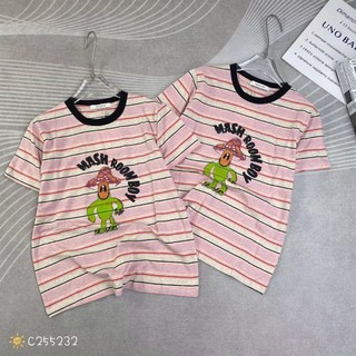 Áo thun nữ tay ngắn cổ tròn kẻ sọc hồng hình chữ MASH hàng Quảng Châu, áo phông hè form vừa chất cotton mát đẹp 255232