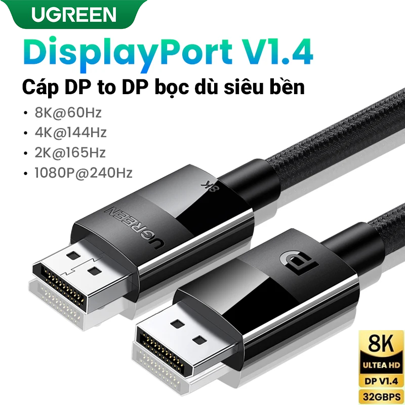 Dây cáp Displayport Ugreen DP 1.4 8K60Hz 1.5m 3m 5m 4K@144Hz HDR10 Tốc Độ Cao 32.4Gbps chính hãng
