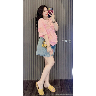 Set bộ áo thun phối hình mèo nơ tay ngắn kèm quần short jean sang trọng VIENS STORE