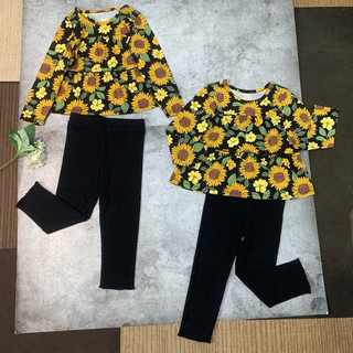 Bộ dài tay bé gái TDUN B057 hàng dư bộ thu đông chất cotton mềm mịn áo hoa quần đen size 12/18m-5y 7-20kg