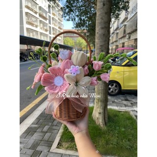 Giỏ hoa kẽm nhung Handame tone màu hồng nhạt