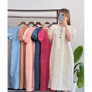 Đầm linen sớ ngang khuy gỗ dáng suông