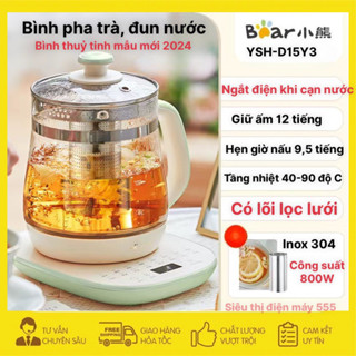 Bình pha trà đun nước Bear YSH-D15Y3 thuỷ tinh 1,5 lít công suất 800W với 16 chế độ nấu và giữ ấm