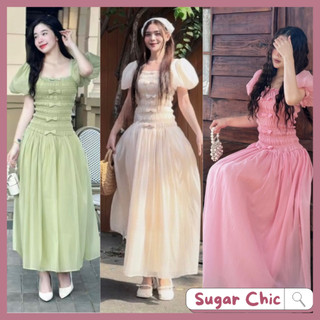 Đầm maxi tay bồng nhún thun đính nơ dáng dài, đầm maxi trễ vai voan tay bồng đính Nơ tiểu thư, váy maxi đi biển đẹp