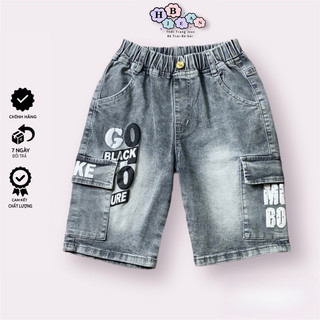 Quần Jean HB Túi Hộp In Chữ Phom Lửng Cho Bé Trai Từ 25-50Kg Co Giãn Màu Xám Đen