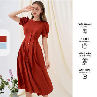Đầm midi tơ mềm cam đỏ/ xanh khuy trai thân trước 411dr2001 adore dress