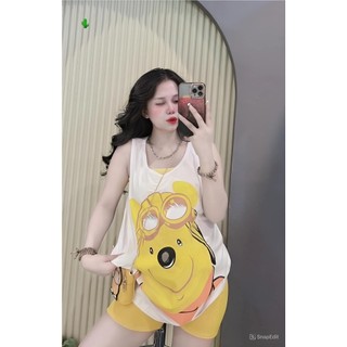 Sét bộ 3 món  , áo 3 lỗ form rộng in mặt gấu kèm áo ống phối quần đùi trơn cực xinh