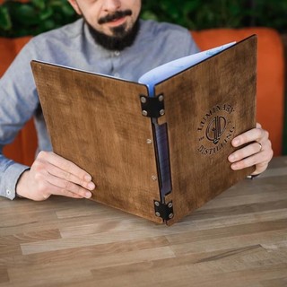 Bìa menu gỗ size A4 / A5 Plywood phủ veneer đính da - GXHOME [ FREE KHẮC LOGO ]