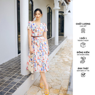 Đầm midi thô họa tiết clorful boats trắng khuy dừa 411dr2019 adore dress