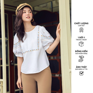 Áo kiểu đũi xước trắng thêu sea life 411to1021 adore dress