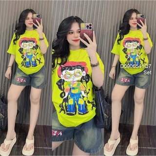 Set bộ đùi áo thun họa tiết in chữ hình cô gái tay con phối quần short jean! TOMBI SHOP