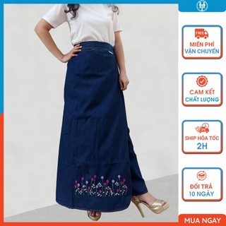 Quây chống nắng nữ vải jean dày dặn có túi và nút bấm chân thêu hoa Trinh nữ tím JHTQ07 H&T FASHION