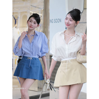 Set áo sơ mi đính đá dây nơ quần váy