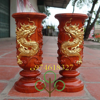 Cặp lư hương song long nguyên khối gỗ hương rát vàng cao 30cm