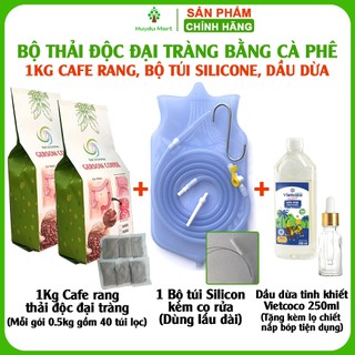 Bộ thải độc đại tràng bằng cà phê, bộ đầy đủ gồm 1kg cà phê thải độc rang mộc, dụng cụ dùng lâu dài và dầu dừa