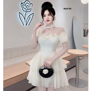 Váy dự tiệc Tafta phối tơ tay bồng đính hoa cho các nàng đi chơi, đi dự tiệc xinh xỉu luôn HC56