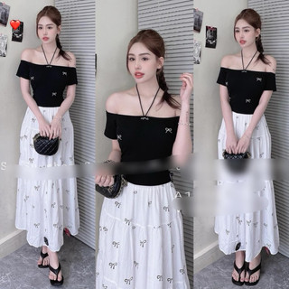 Áo tay ngắn vai trễ dây yếm cổ thêu nơ chất bozip có mút