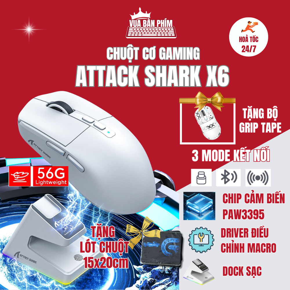 Chuột máy tính không dây gaming Attack Shark X6 bluetooth, có dock sạc tiện lợi, siêu nhẹ 59g , chip
