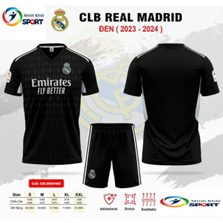 Bộ Quần Áo Đá Bóng CLB Real Madrid Màu Đen Chữ Trắng Vải Thun Lạnh