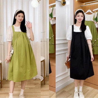Váy Đầm Bầu Thiết kế Yếm riêng, áo cộc trắng riêng,sét gồm màu xanh và đen, đi làm công sở,đi chơi phù hợp mùa hè
