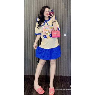 Đầm baby doll phối màu cổ bèo hình vịt peko dễ thương ( hàng chuẩn mẫu + ảnh sàn )