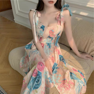 Đầm Hai Dây Thắt Nơ In Họa Tiết Tranh Sơn Dầu Cổ Điển Phong Cách Mới Mùa Hè 89k