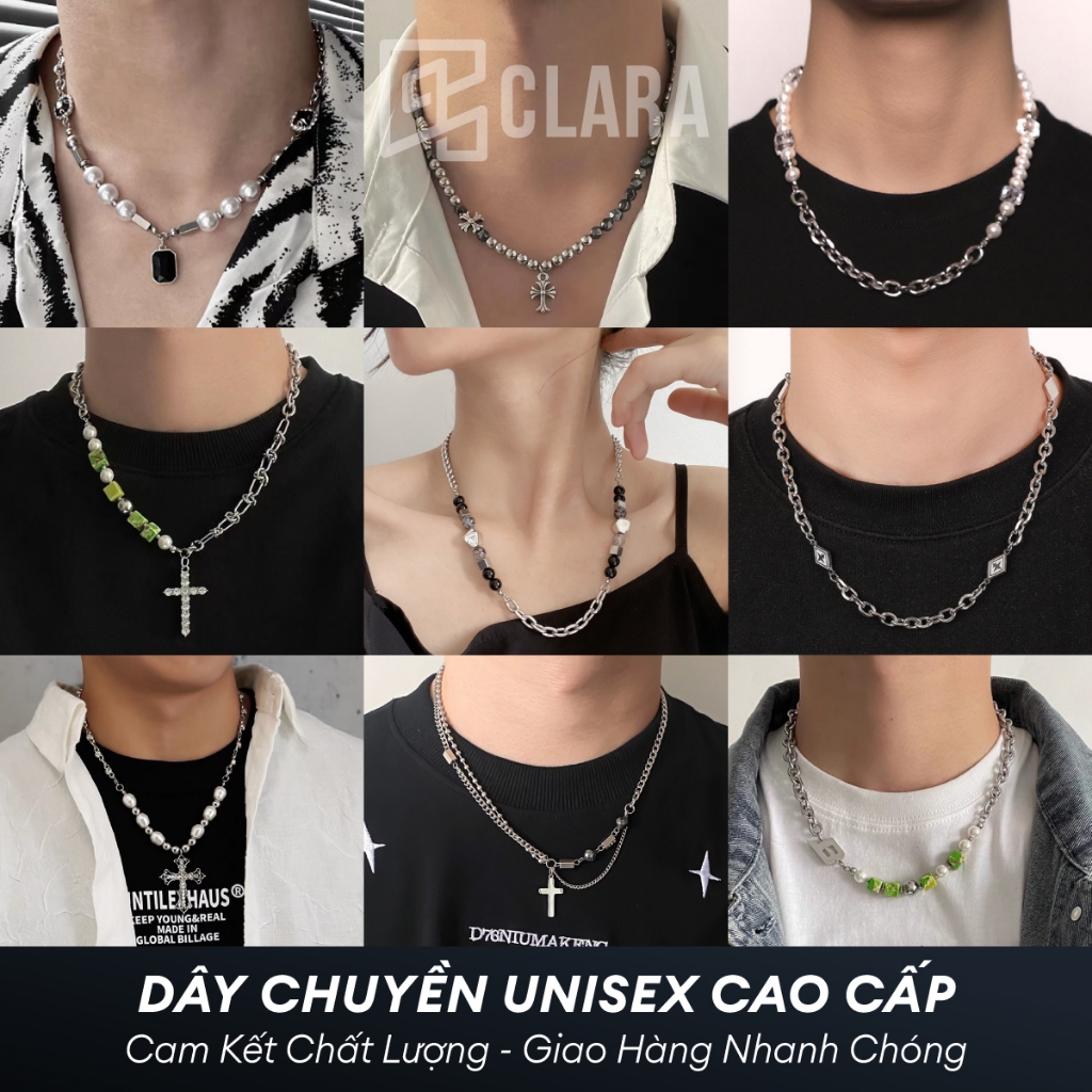 Vòng cổ nam titan không gỉ Freesize. Dây chuyền titan nữ ngọc trai thánh giá choker Unisex - Clara