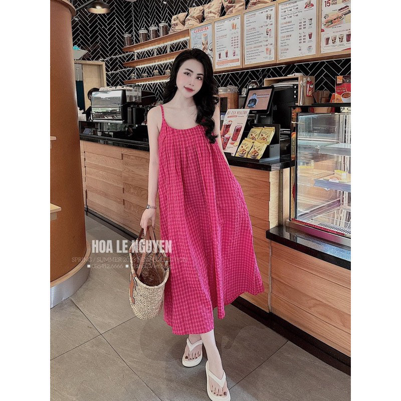 đầm 2 dây kẻ caro