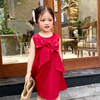Đầm A đính nơ nút ngọc chất mềm , mặc thoáng mát Handy